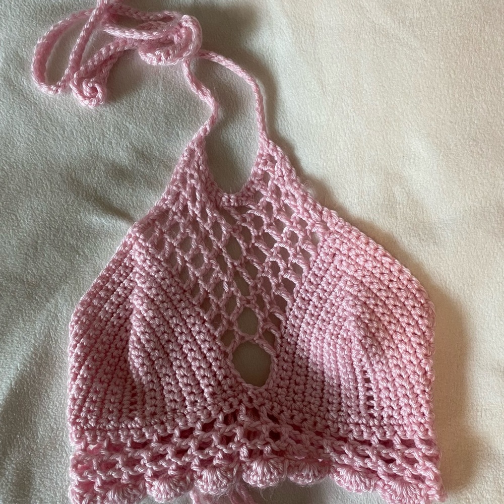 Pink Crochet Halter Crop Top